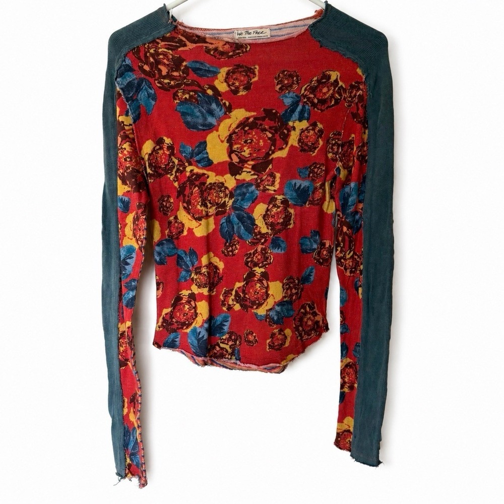 Free People We The Free Floral Thermal Top XS Boho Patchwork Raw Hem Long Sleeve